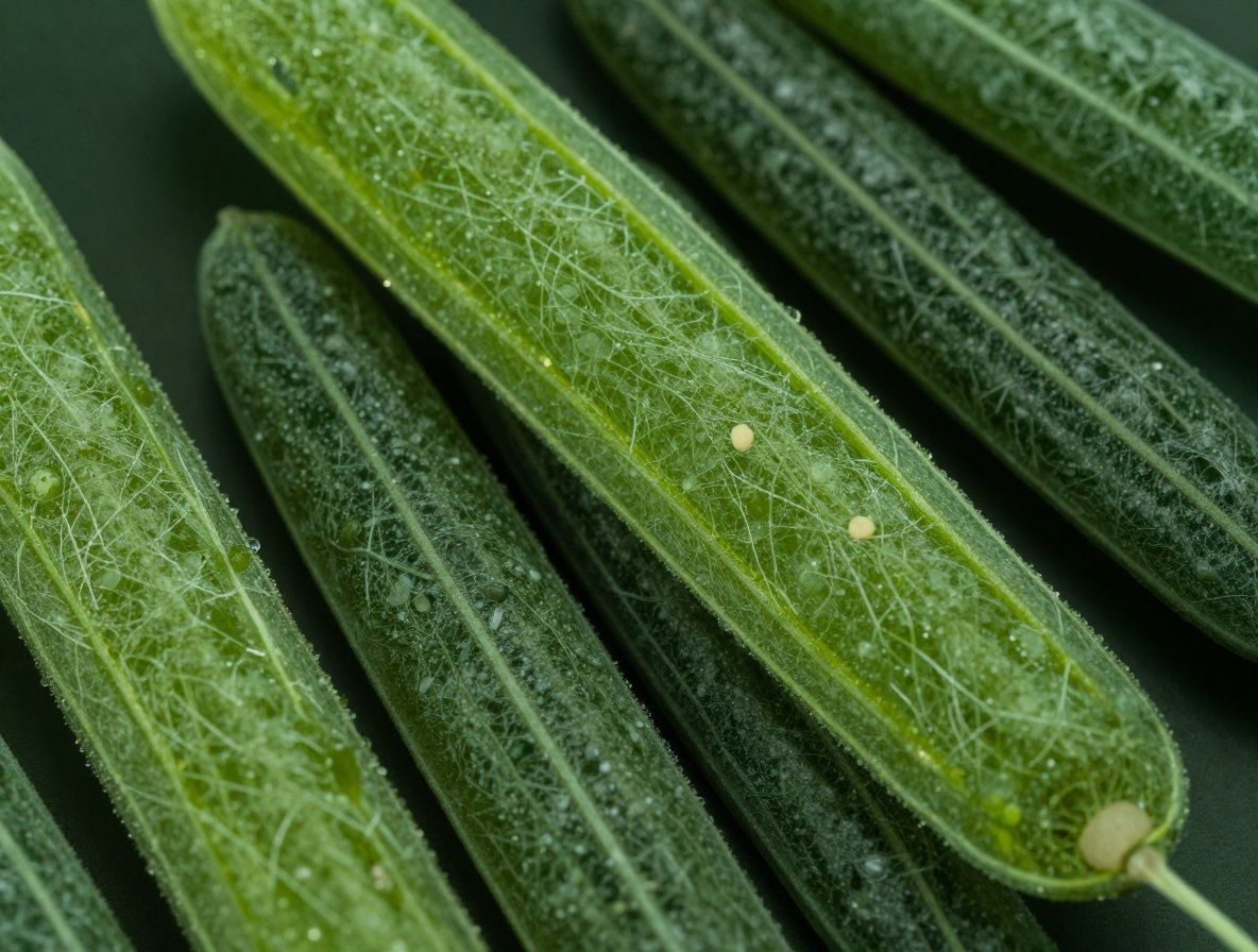 Abstrakt närbild av gröna växtceller under mikroskop med mjuk fokus och djupa gröna toner mot mörk bakgrund, symboliserar vetenskaplig forskning och naturens komplexitet