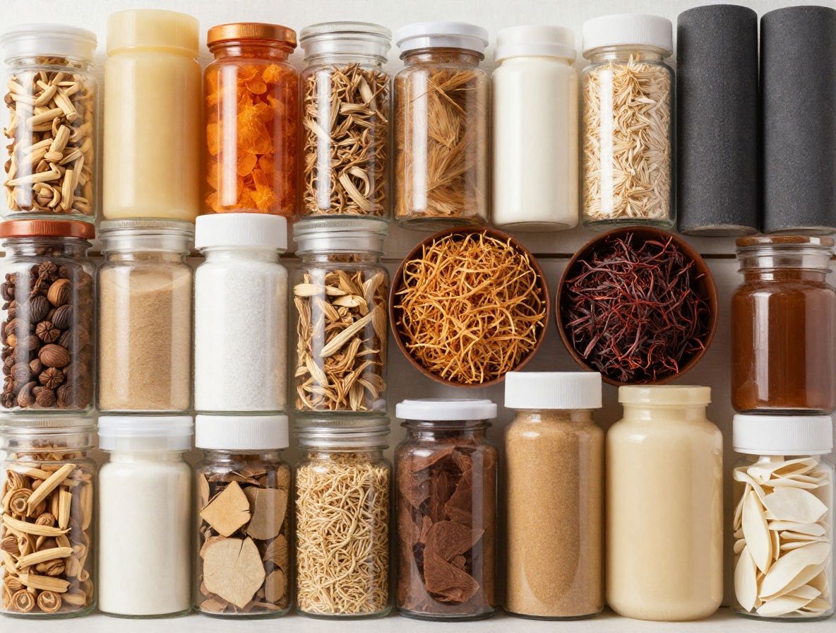Sortiment av torkade medicinalörter och kryddor i små skålar på ett rustikt träbord med varmt, diffust ljus