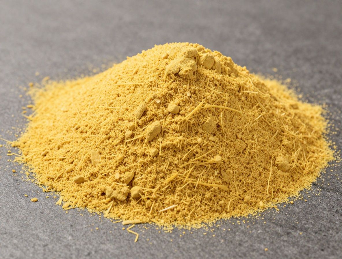 Makrofotografi av linfröolja med gyllengul färg i ett litet glaskar, bredvid hela och halverade linfrön på naturlig stenbakgrund